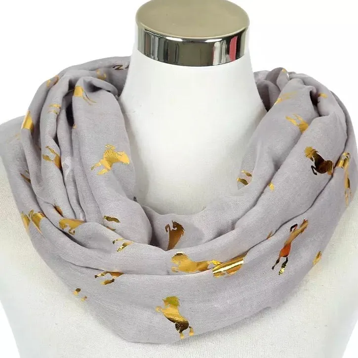 💙 Infinity Scarf: Metallic Horses ~ Gray/Gold