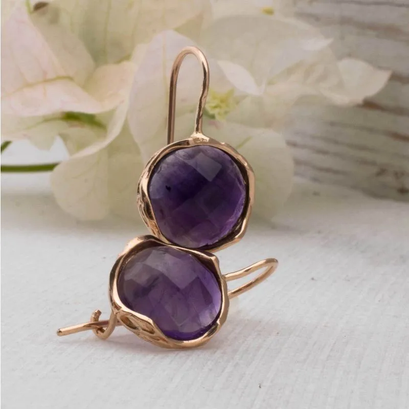 14K Rose Gold Round Purple Amethyst 12mm Dangle Earrings