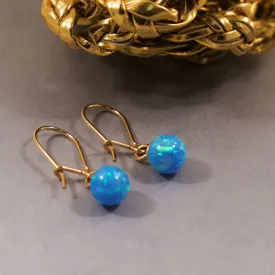 14K Yellow Gold Ball Blue Opal 6mm Dangle Earrings