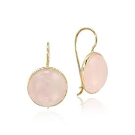 14K Yellow Gold Round Pink Rose Quartz 12mm Dangle Earrings