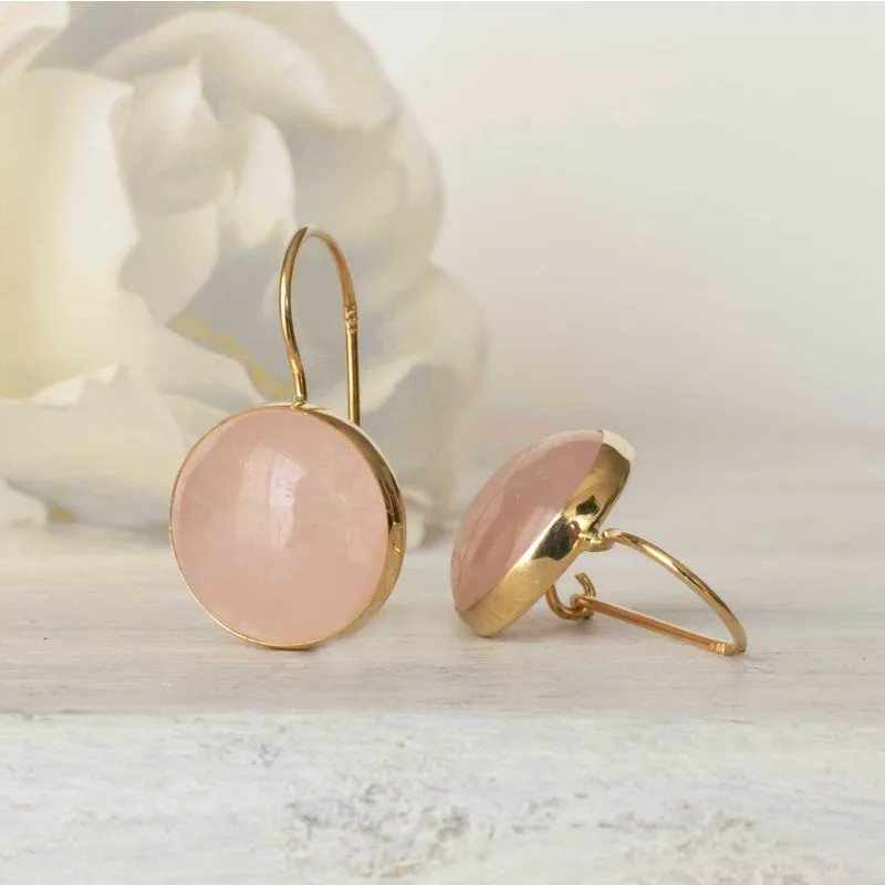 14K Yellow Gold Round Pink Rose Quartz 12mm Dangle Earrings