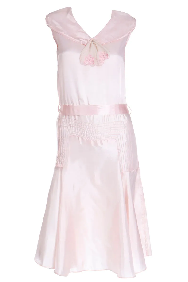 1920s Pink Satin Sleeveless Dress with Belt and Organza Bow