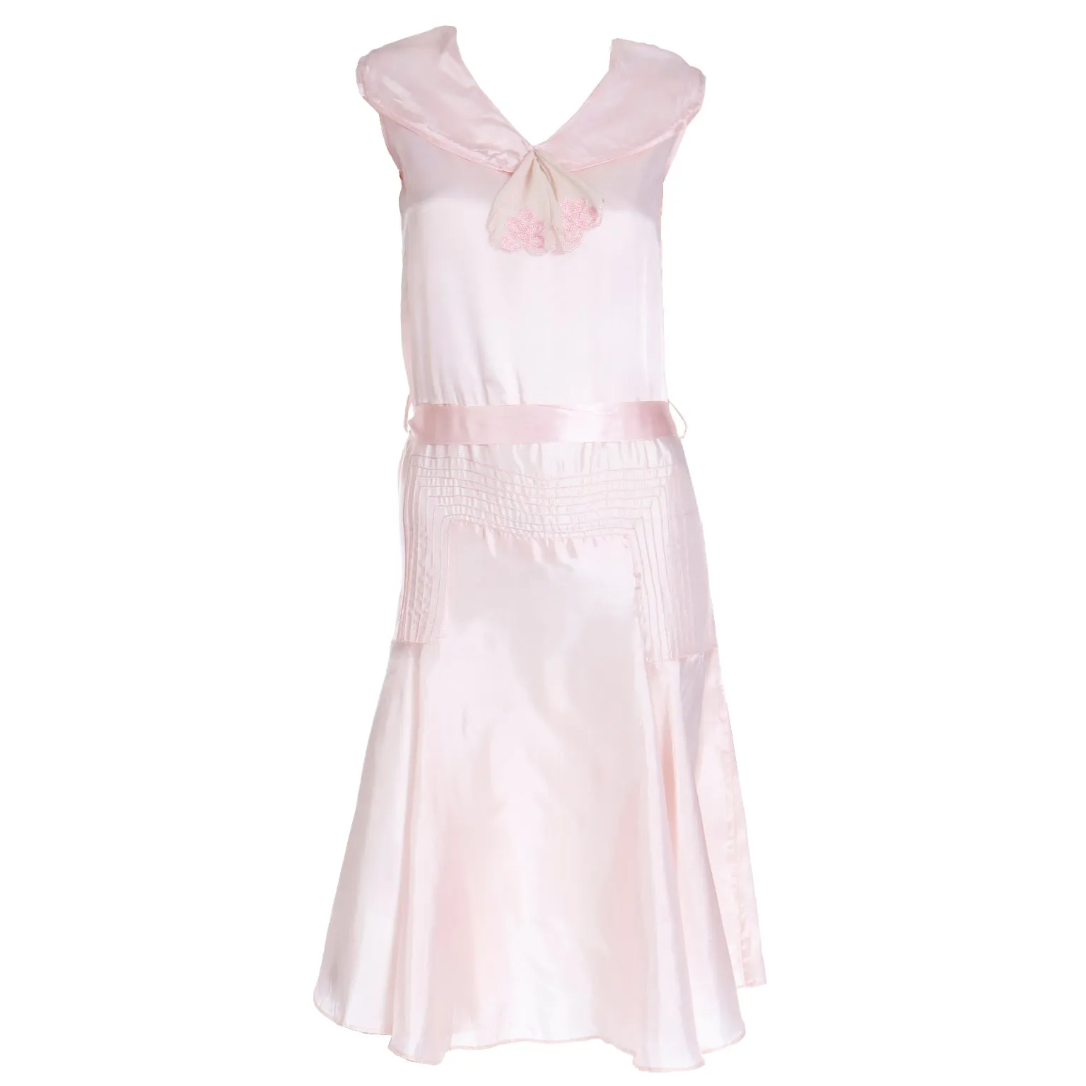 1920s Pink Satin Sleeveless Dress with Belt and Organza Bow