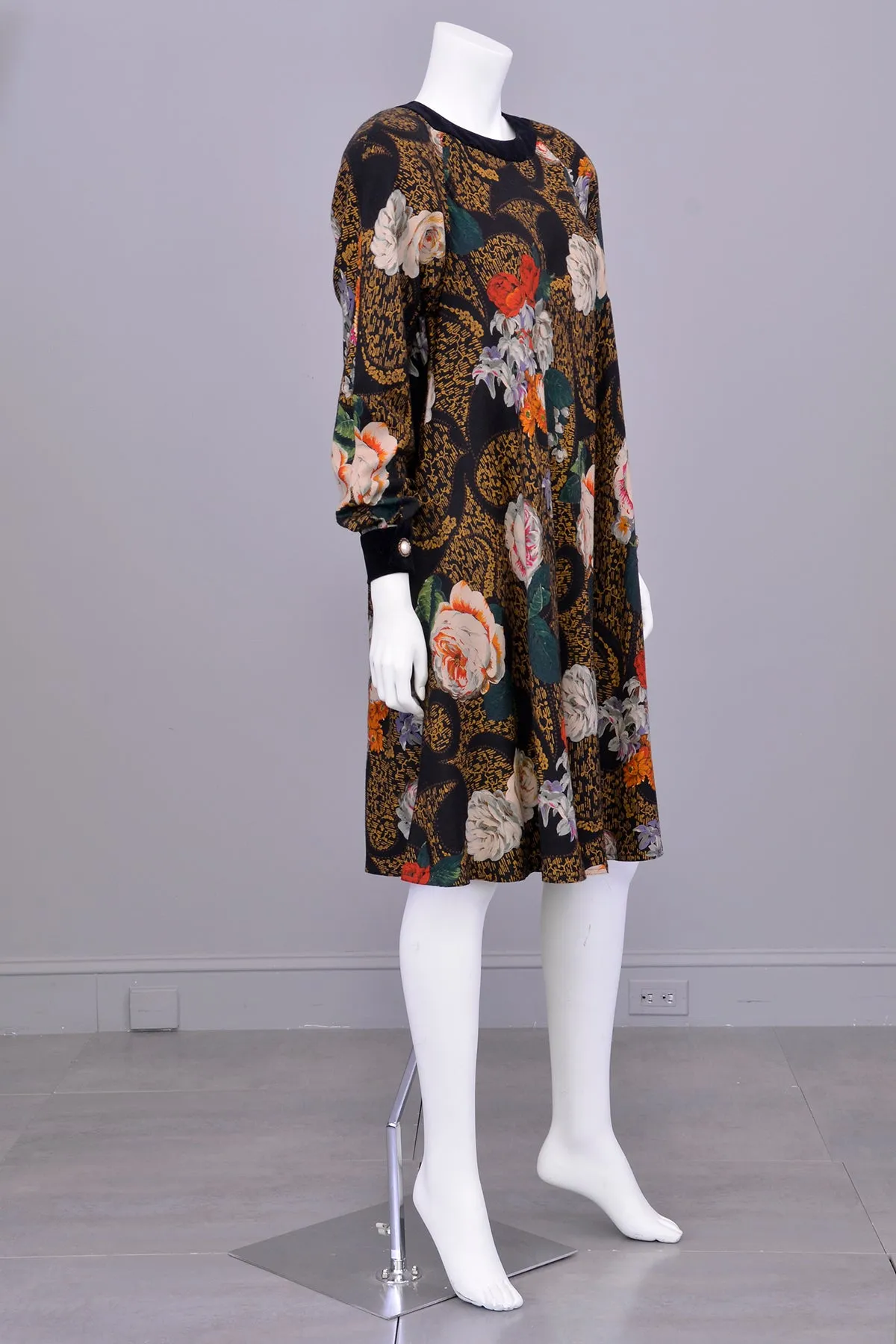 1980s Painterly Rose Print Trapeze Dress by Donna Morgan for Leslie Fay