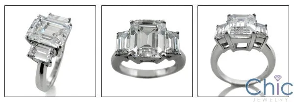 3 Stone 4 Ct Emerald Cut Center 1 Ct Sides Cubic Zirconia 14k White Gold Ring