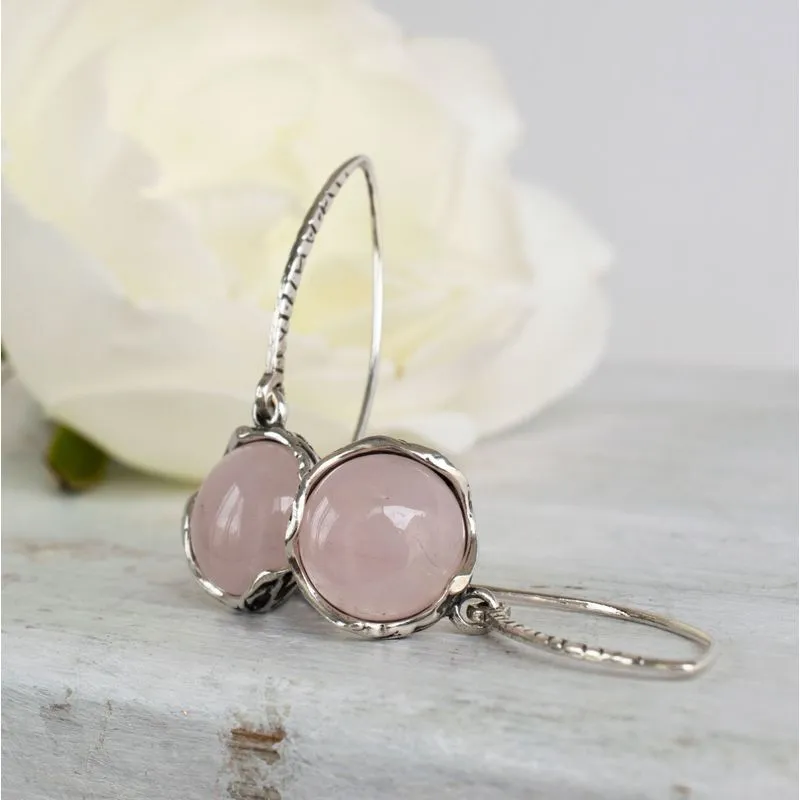 925 Sterling Silver Round Pink Rose Quartz 12mm Dangle Earrings