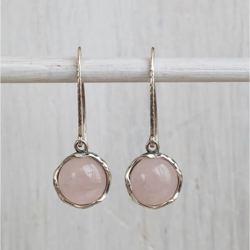 925 Sterling Silver Round Pink Rose Quartz 12mm Dangle Earrings