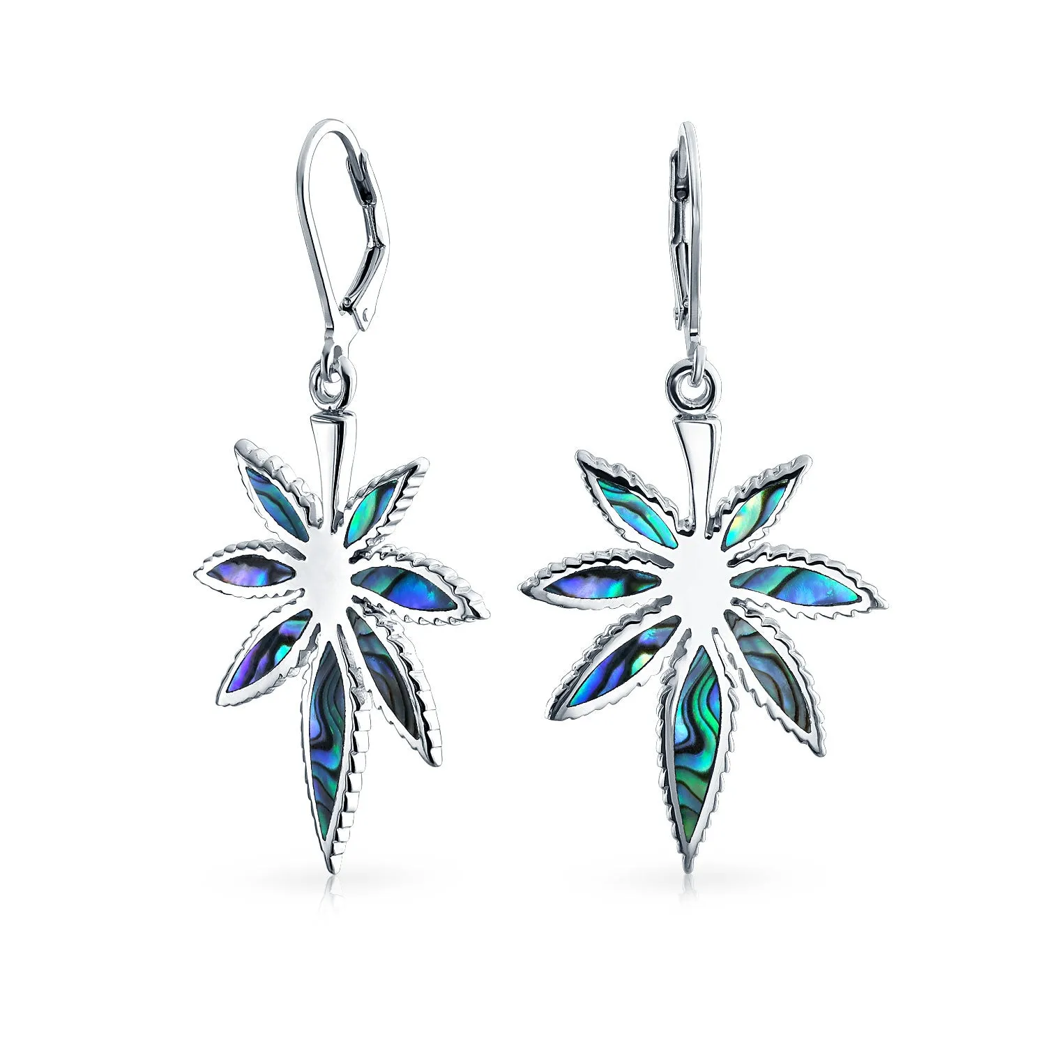 Abalone Marijuana Leaf Drop Stud Earrings Pendant .925 Sterling Silver