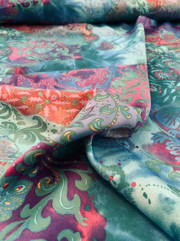 Abstract Collage Printed Silk Charmeuse - Teal / Magenta / Purple / Multi