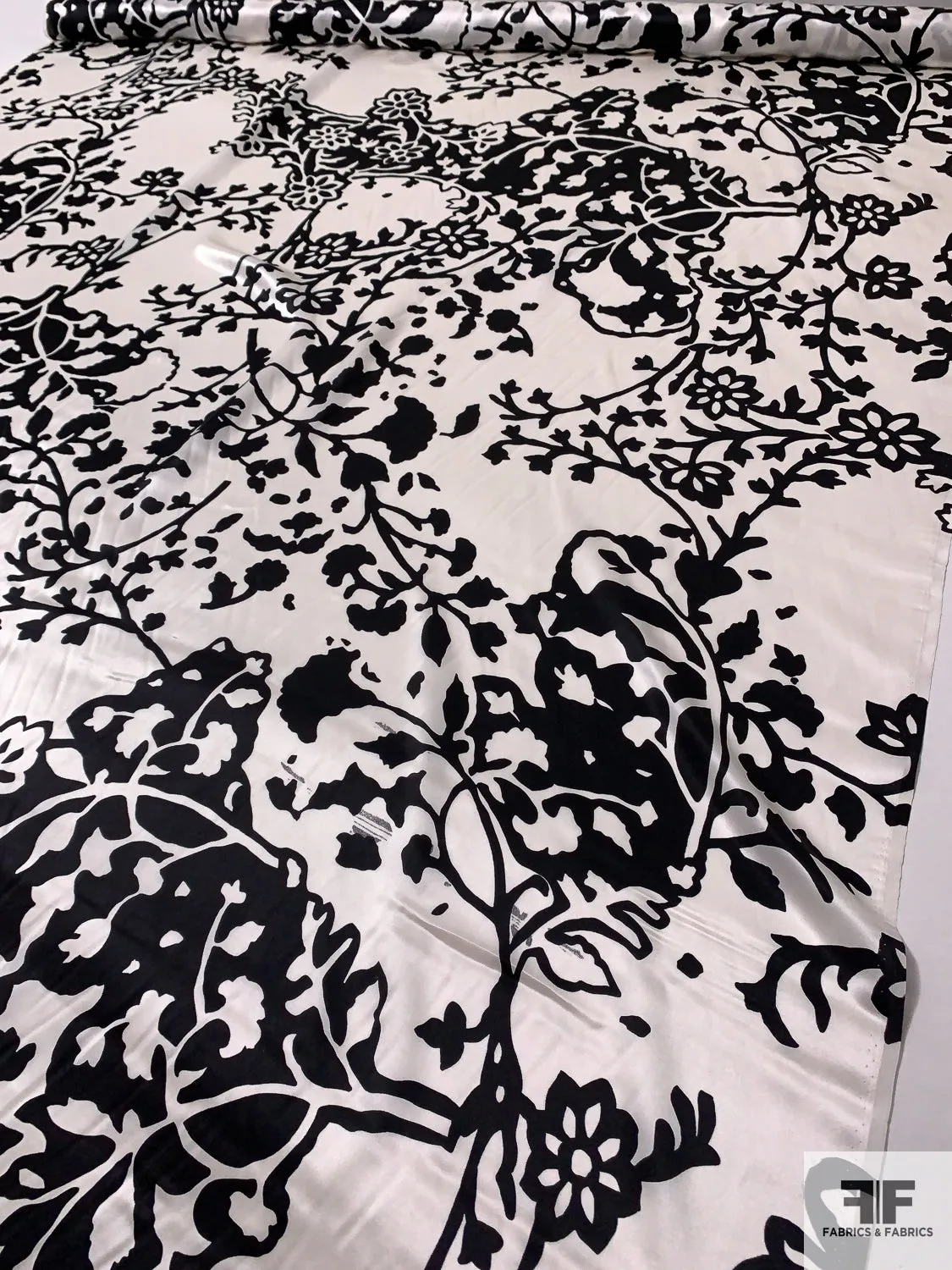 Abstract Leaves and Branches Printed Silk Charmeuse - Black / White