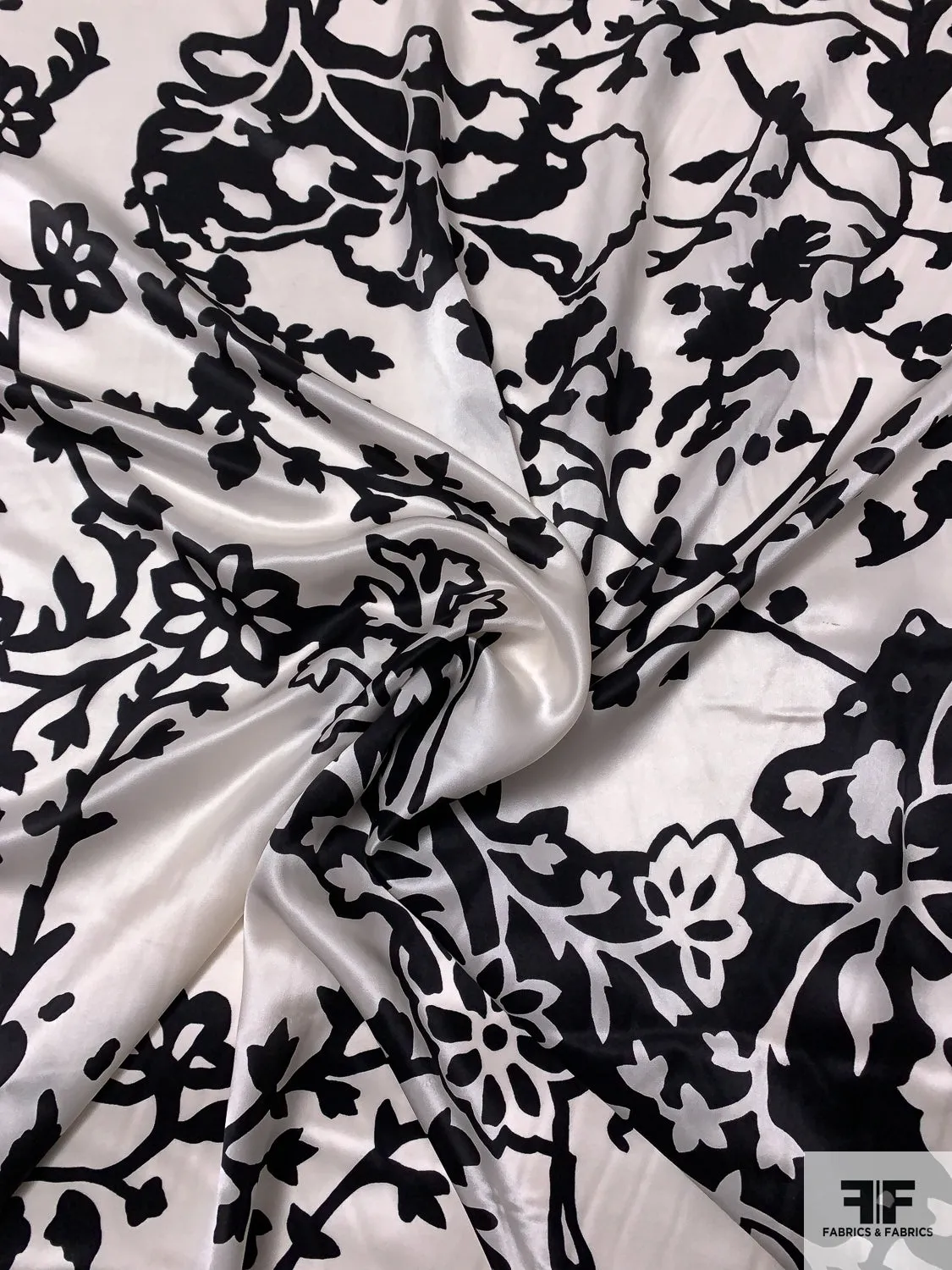 Abstract Leaves and Branches Printed Silk Charmeuse - Black / White