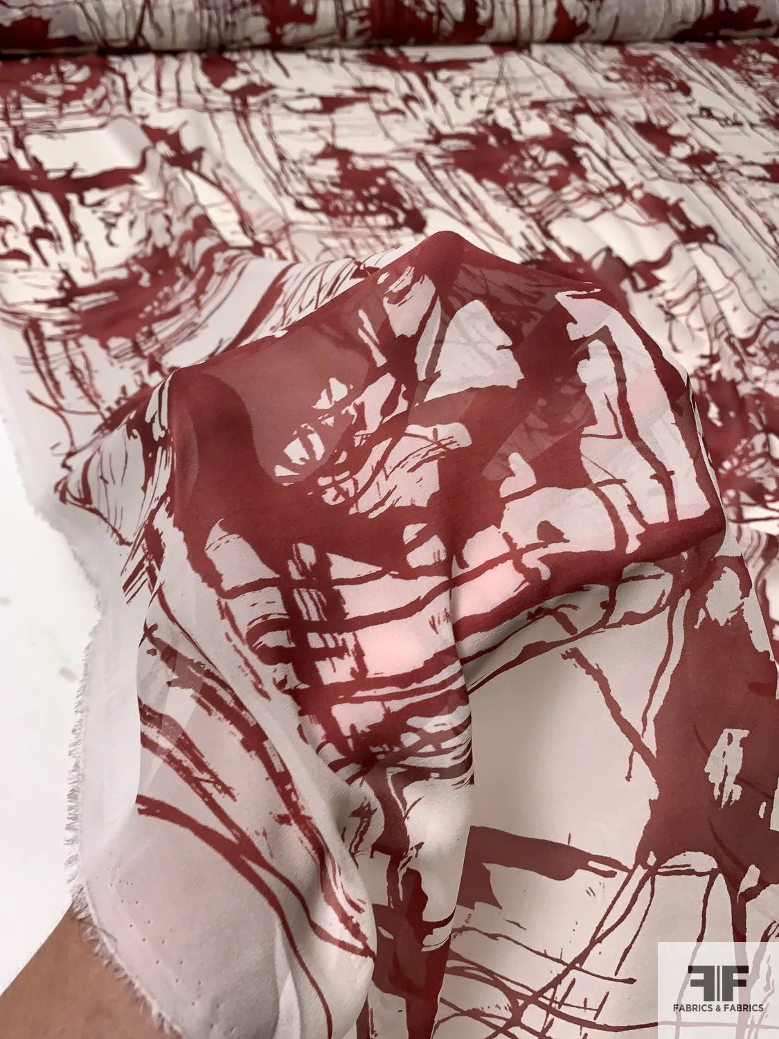 Abstract Splatter Printed Silk Chiffon - Maroon / Ivory