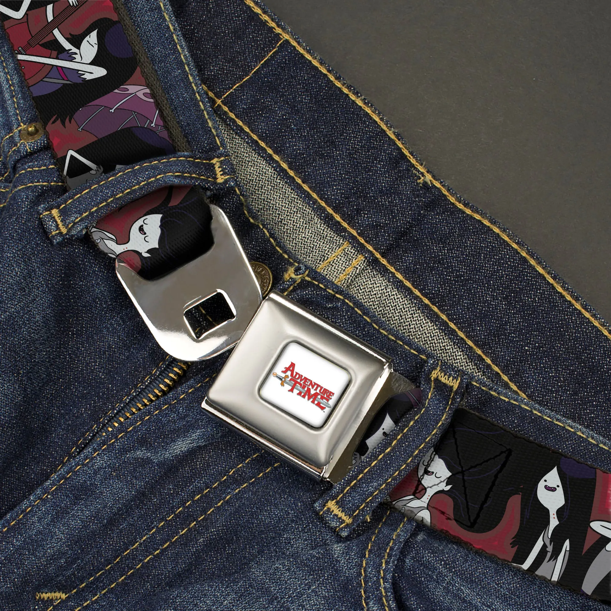 ADVENTURE TIME Title Logo Full Color White Seatbelt Belt - Adventure Time Marceline Poses Collage Reds Webbing