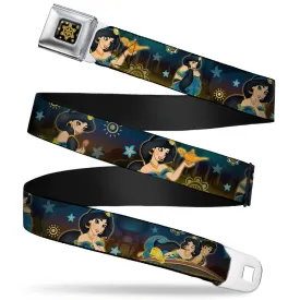 Aladdin Flower Motif Full Color Black Gold Seatbelt Belt - Jasmine & Aladdin Carpet Ride/Jasmine Poses/Flowers Webbing