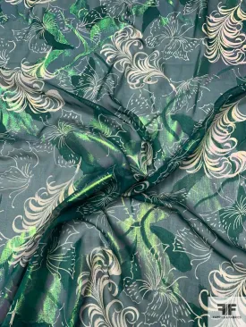 Anna Sui Butterfly and Feather Printed Silk Chiffon with Green Lurex - Forest Green / Cream / Green