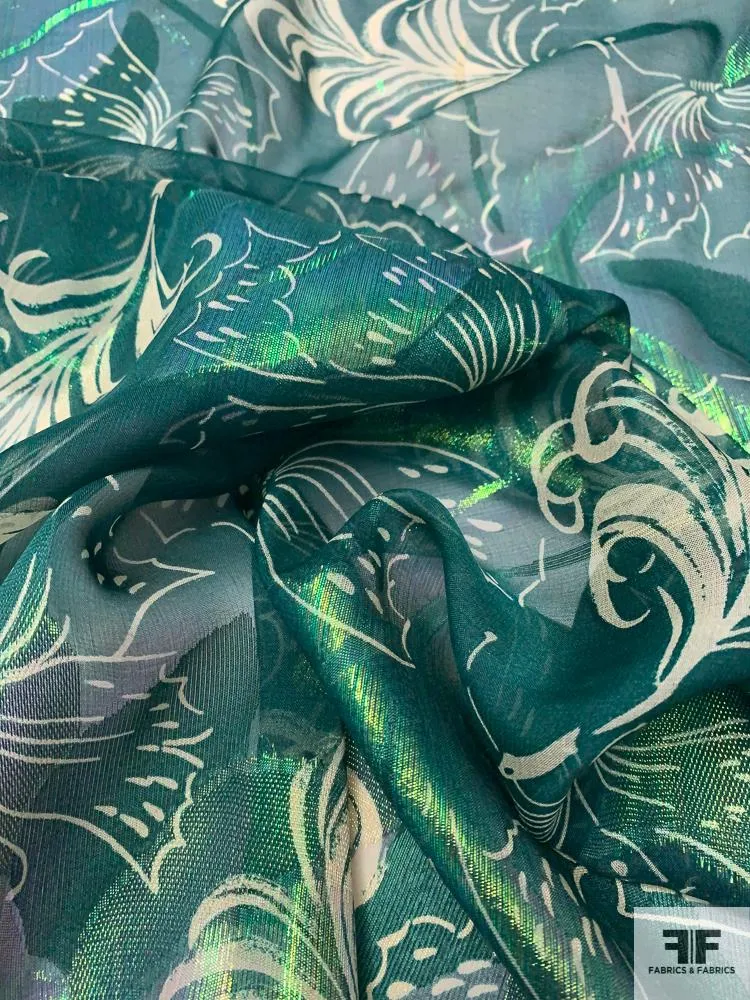 Anna Sui Butterfly and Feather Printed Silk Chiffon with Green Lurex - Forest Green / Cream / Green