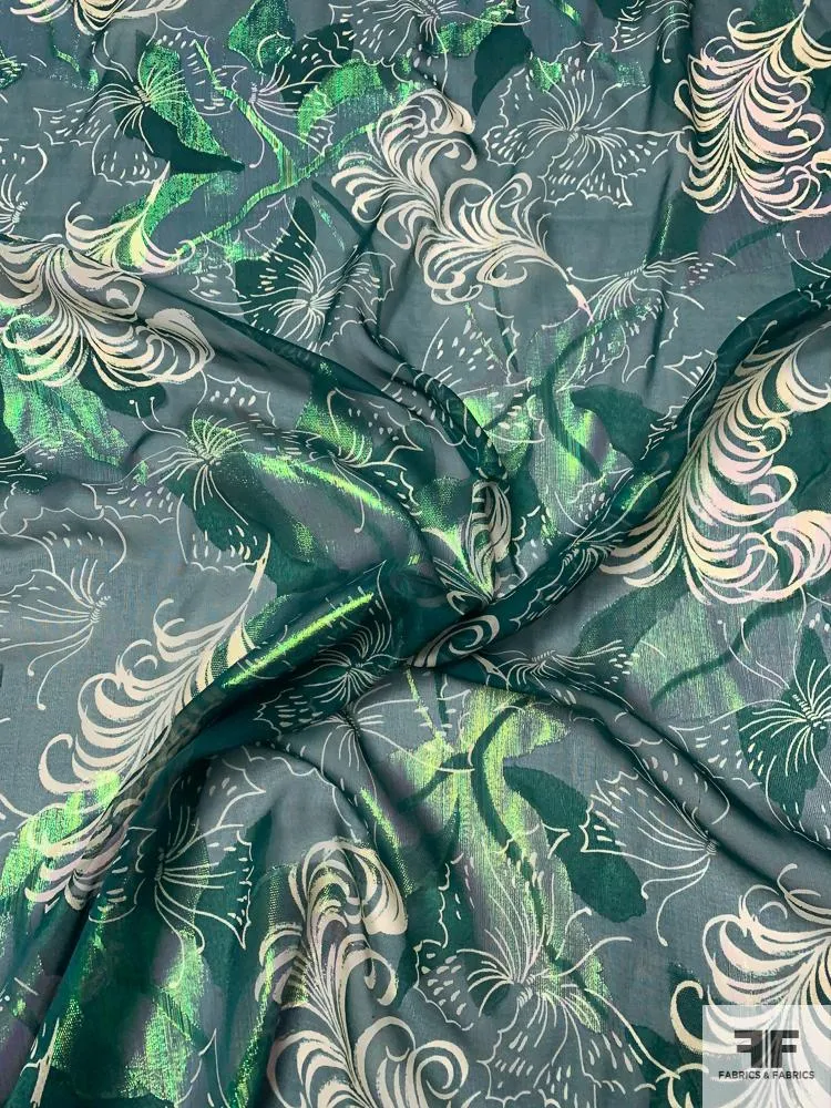 Anna Sui Butterfly and Feather Printed Silk Chiffon with Green Lurex - Forest Green / Cream / Green