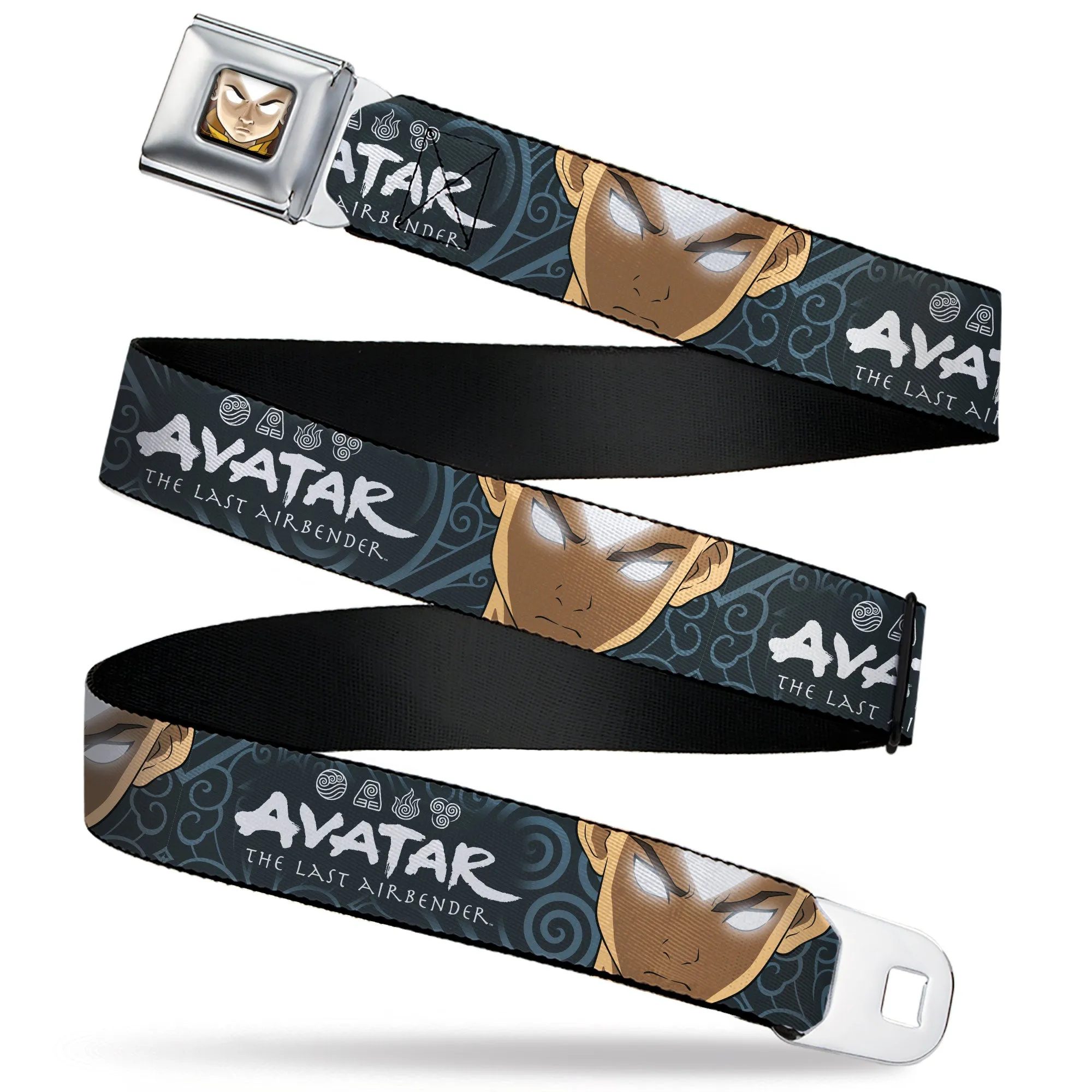 Avatar the Last Airbender Aang Face Close-Up Full Color Seatbelt Belt - AVATAR THE LAST AIRBENDER Aang Face Close-Up and Title Logo Blues/White Webbing