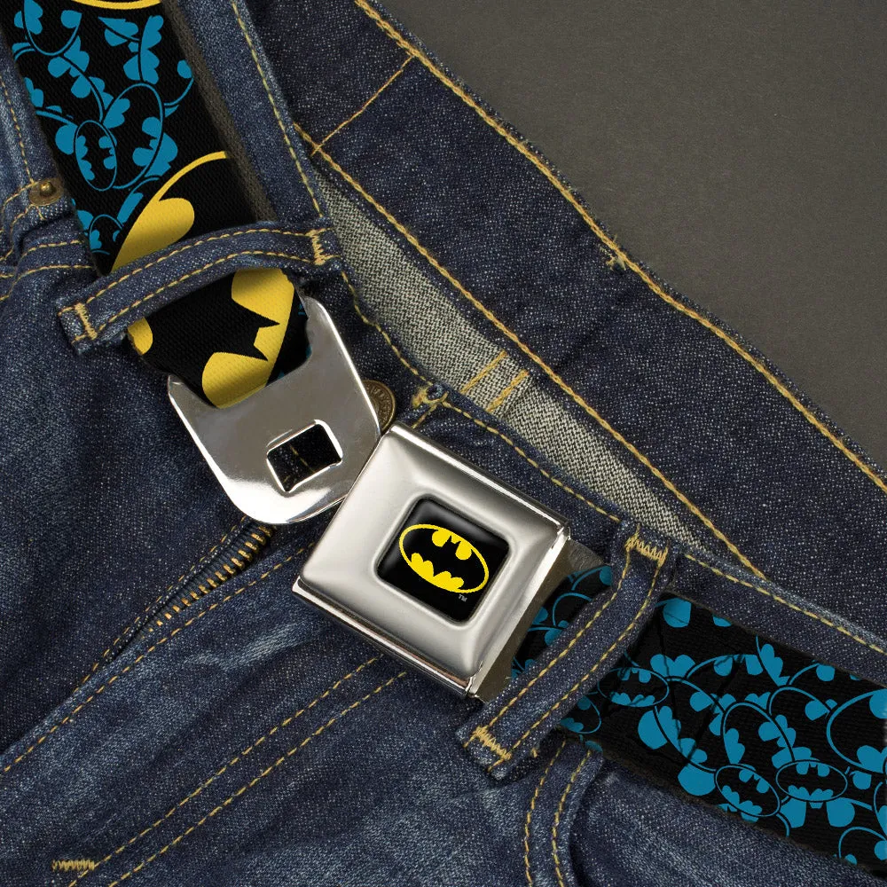 Batman Full Color Black Yellow Seatbelt Belt - Bat Signals Stacked w/CLOSE-UP Blue/Black/Yellow Webbing