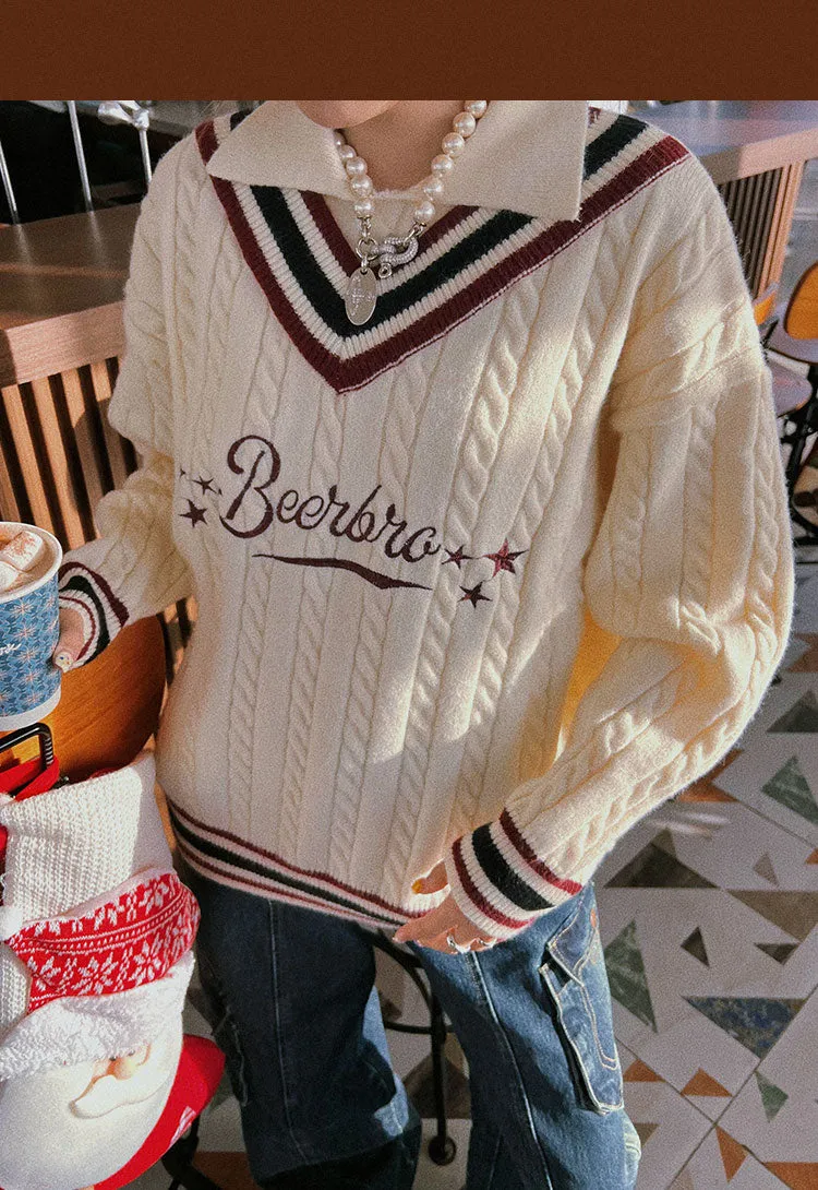 Beerbro Star Stripe V-Neck Knitted Long Sleeve Sweater