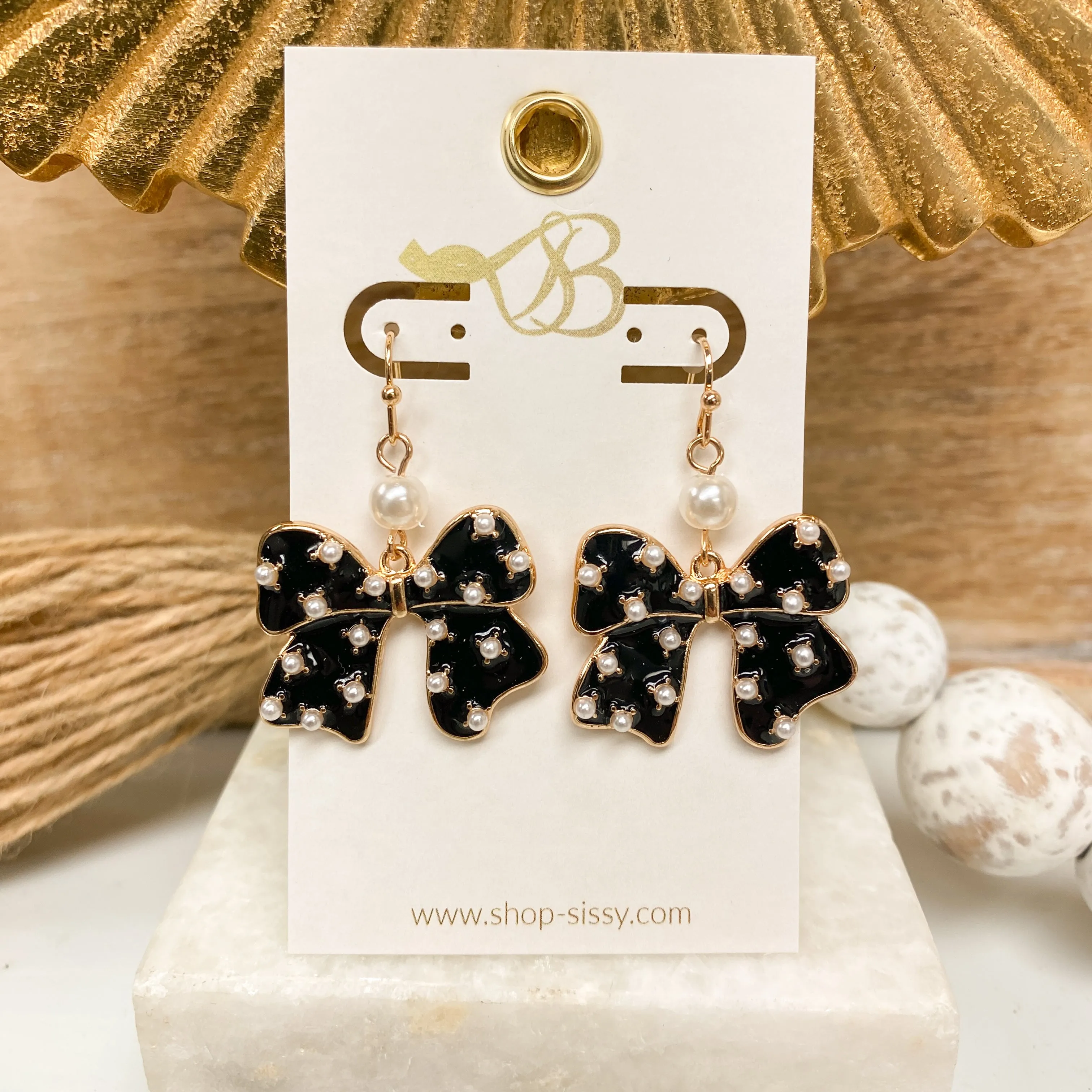 BLACK BOW AND PEARL EARRINGS