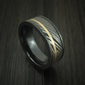 Black Titanium And Damascus Steel Band 14K Yellow Gold Custom Made Men's Ring