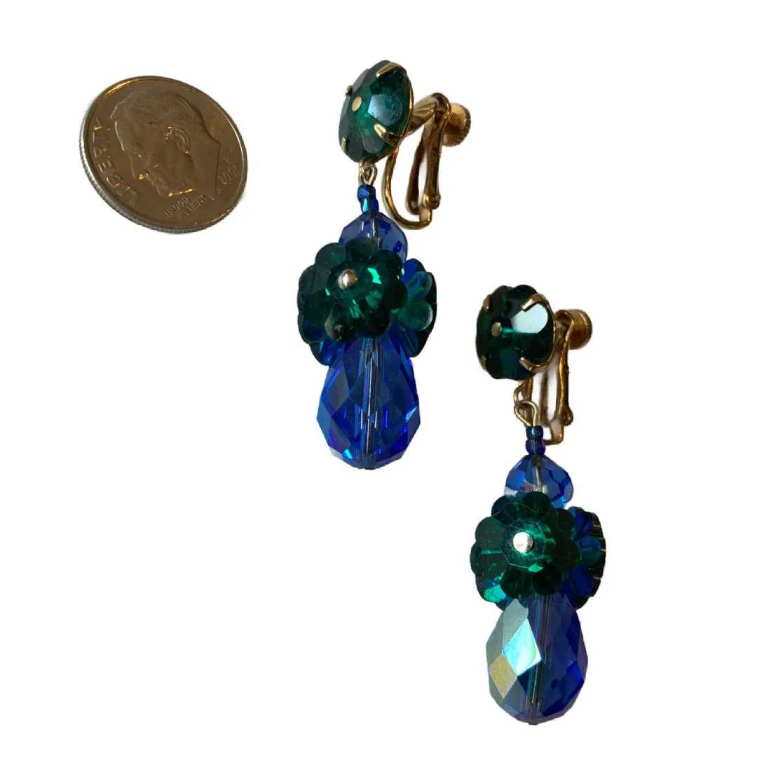 Blue and Green Flower and Crystal Danglng Clip Earrings circa 1960s