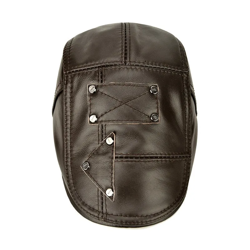 Brand Genuine Leather Beret Hat Men Brown Cowhide Winter Berets Ear Flaps Plus Velvet Peaked Cap For Men