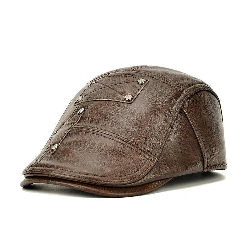 Brand Genuine Leather Beret Hat Men Brown Cowhide Winter Berets Ear Flaps Plus Velvet Peaked Cap For Men