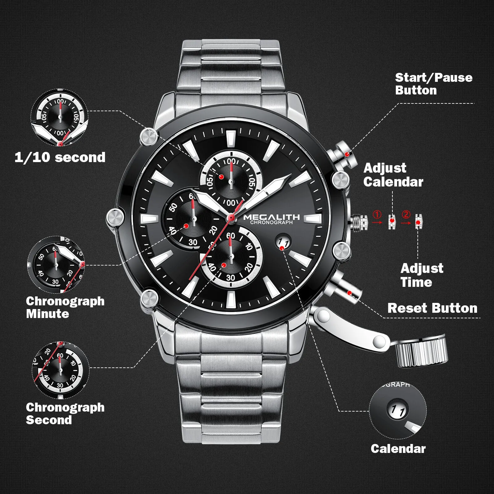 Chronograph Watch | Stainless Steel Band | 8262M