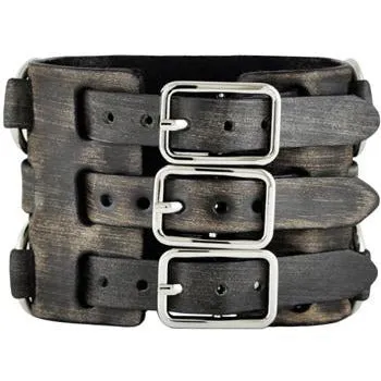 Double Ring Distressed Charcoal Leather Triple Strap Cuff FWB