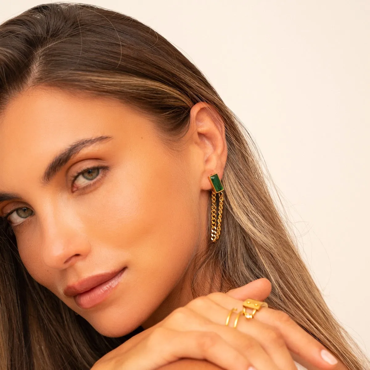 Emerald Cuban Dangle Earrings - Gold