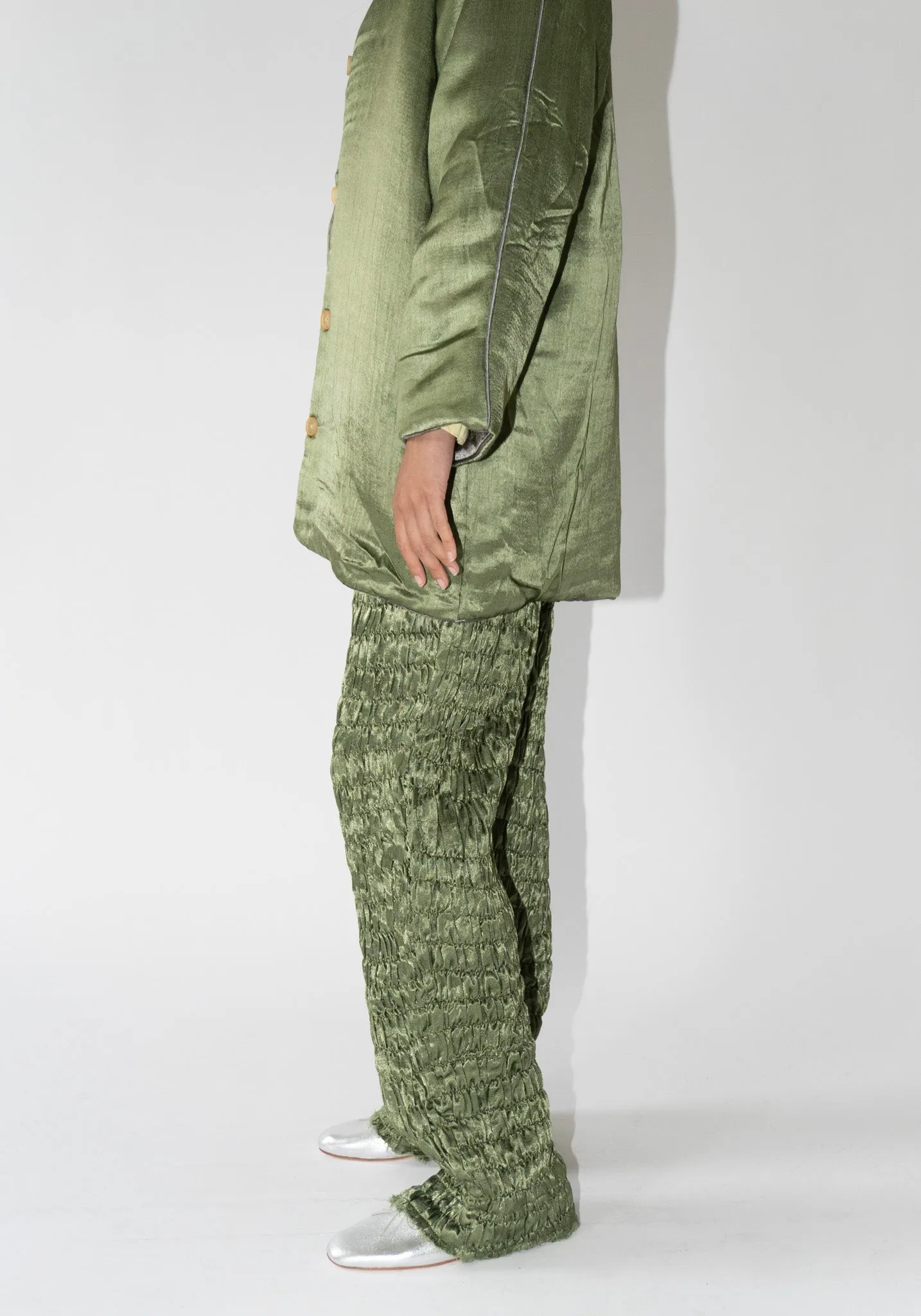 Gathered Silk Mashroo Zip Pant in Olive