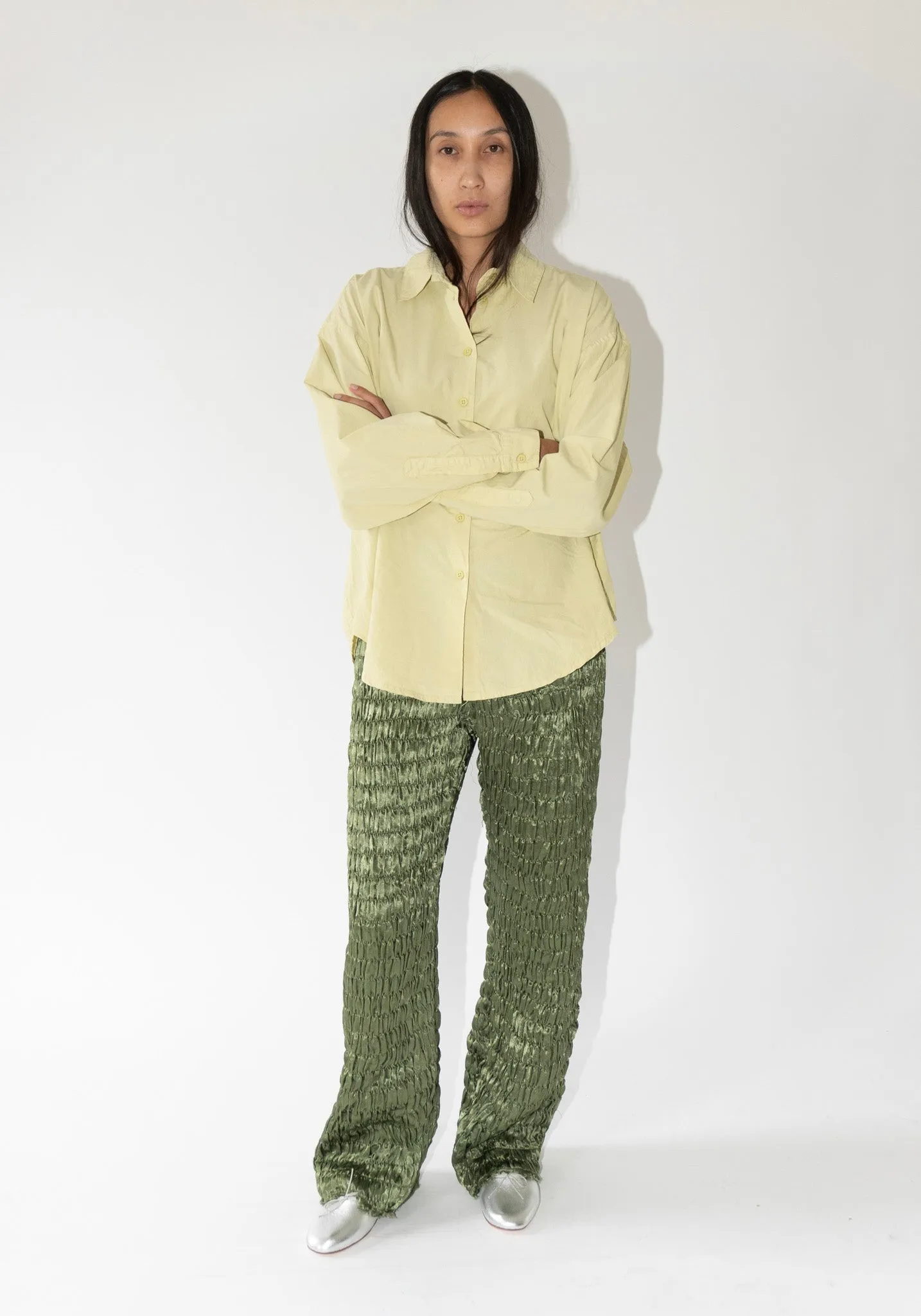 Gathered Silk Mashroo Zip Pant in Olive