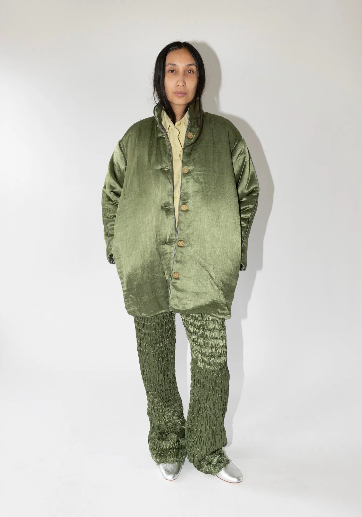 Gathered Silk Mashroo Zip Pant in Olive