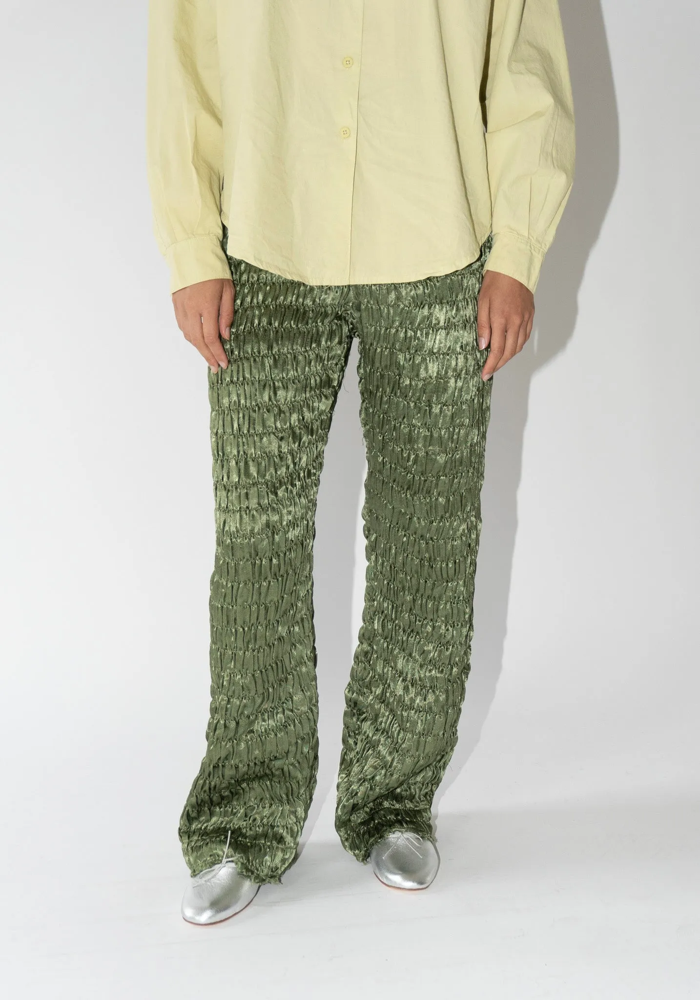 Gathered Silk Mashroo Zip Pant in Olive