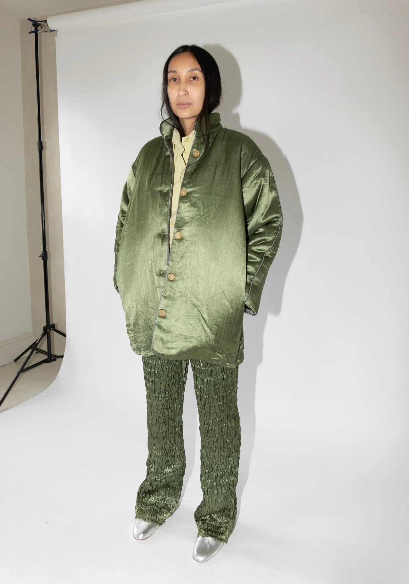 Gathered Silk Mashroo Zip Pant in Olive