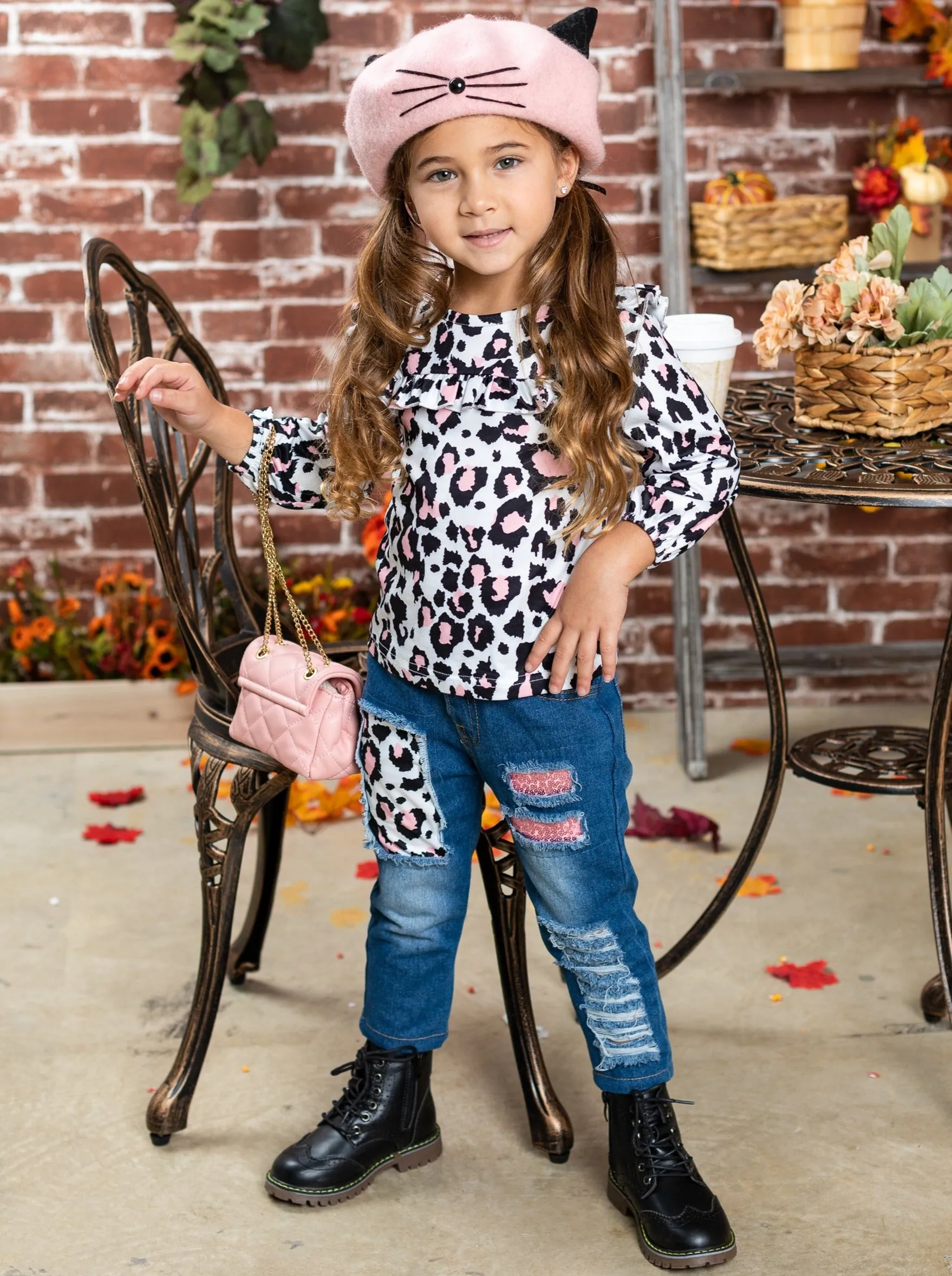 Girls Spot the Spots Top with Patched Jeans with Sash Set