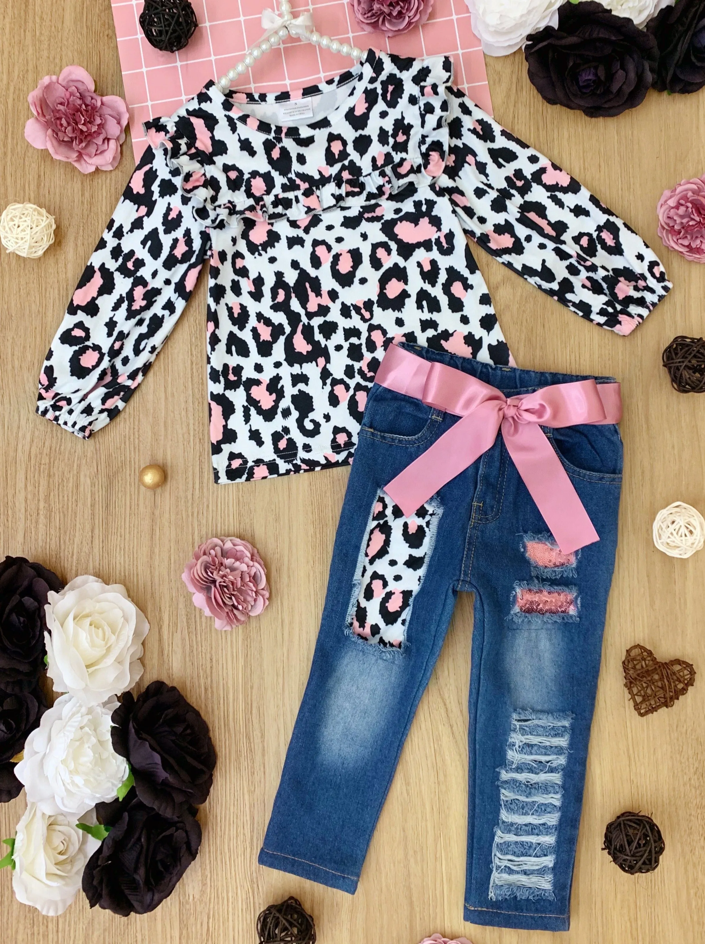 Girls Spot the Spots Top with Patched Jeans with Sash Set