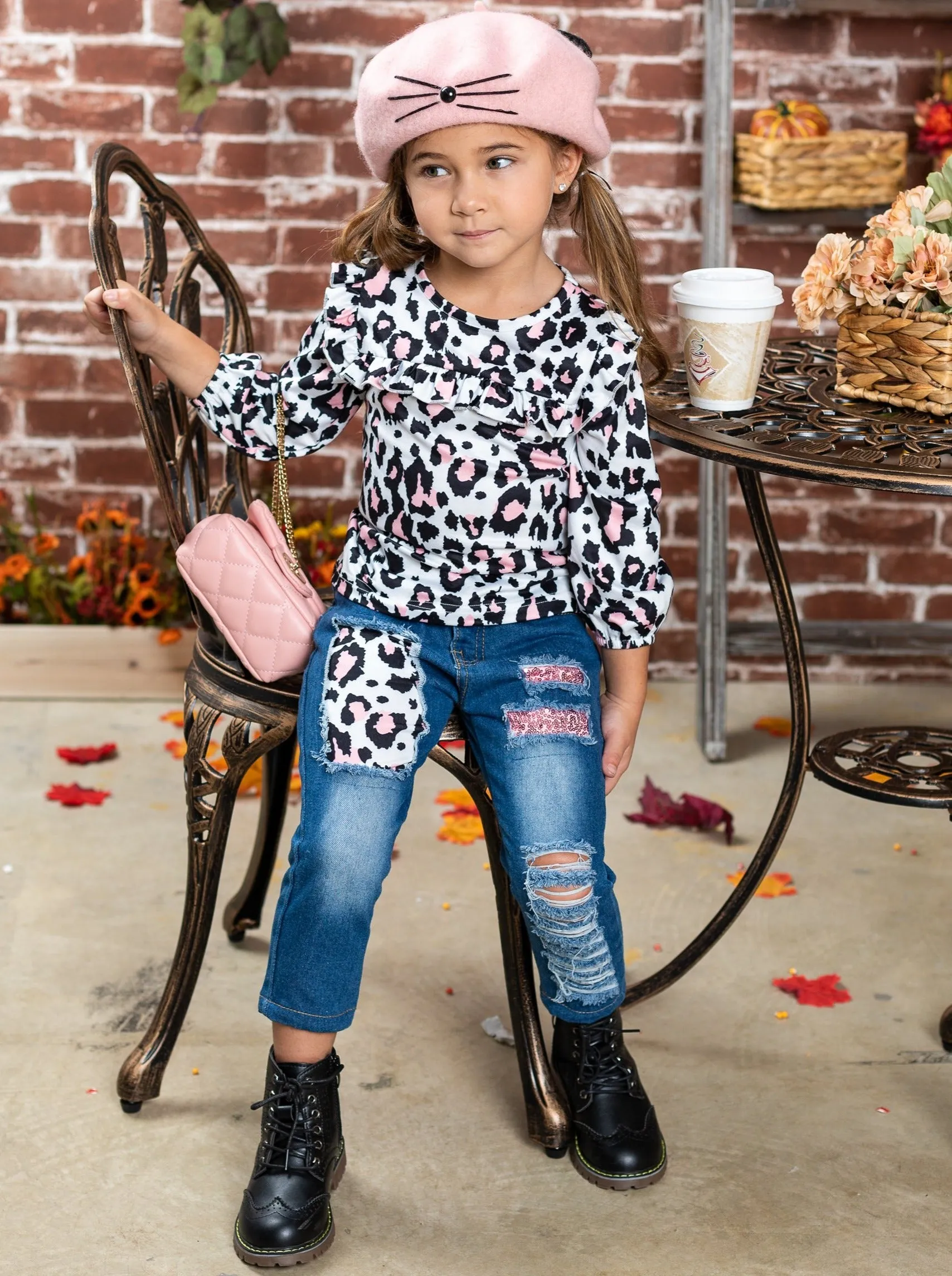 Girls Spot the Spots Top with Patched Jeans with Sash Set