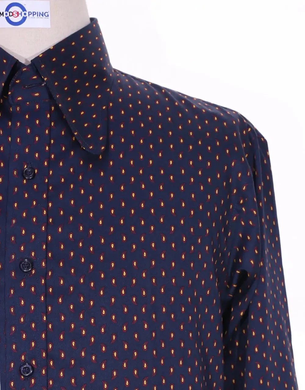 High Penny Round Collar Shirt  | Navy Blue Small Paisley Shirt