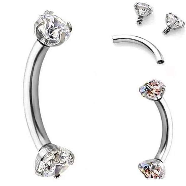 Internally Threaded Prong Set Double Gem Eyebrow Ring