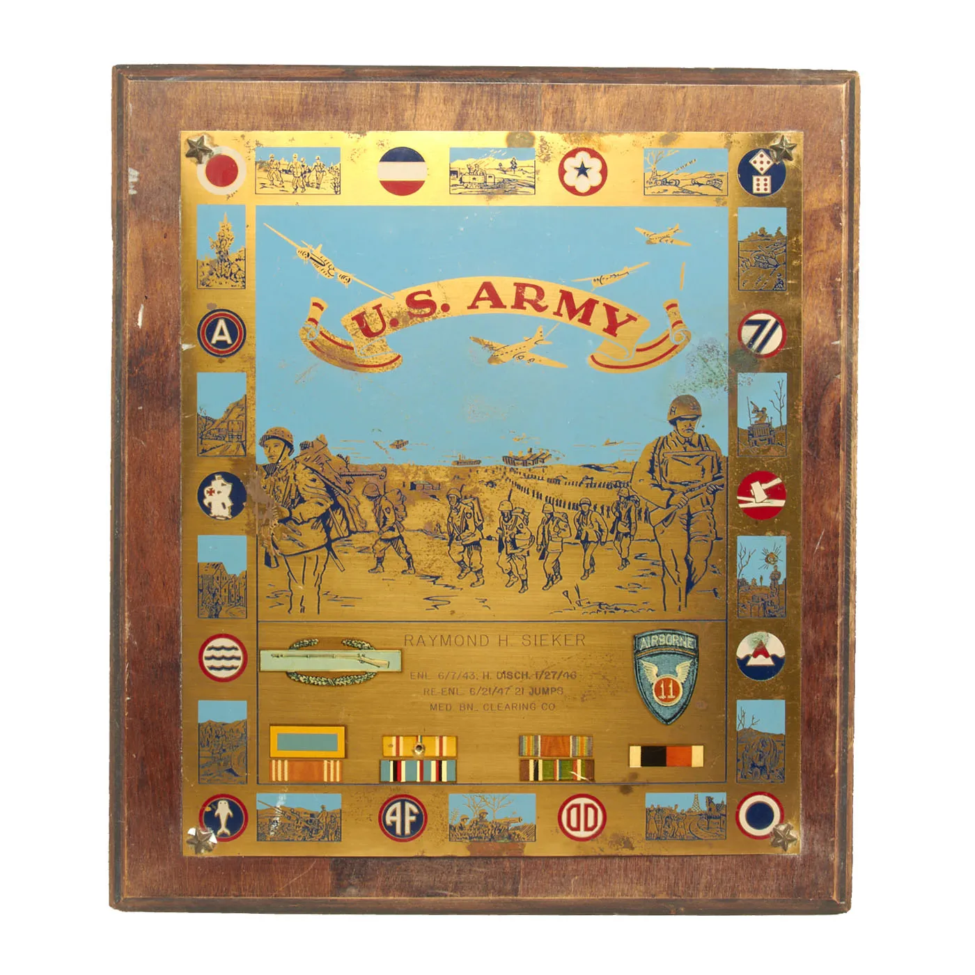 Original U.S. Korean War Era Named 11th Airborne, 509th Parachute Infantry Regiment Grouping For 3 War (WWII to Vietnam) Veteran SFC Raymond Sieker - Commemorative Plaque and Patched Maroon Beret