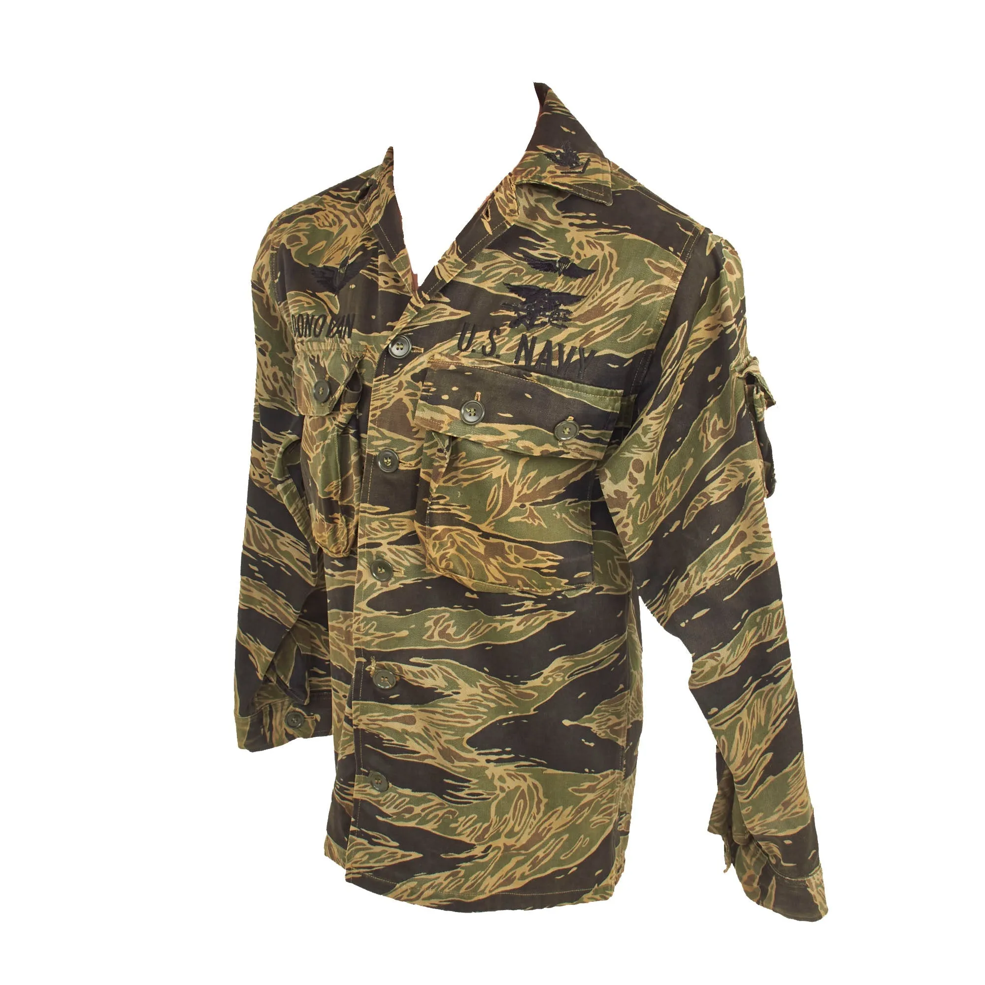 Original U.S. Vietnam War Navy SEAL Tiger Stripe "John Wayne Sparse" Pattern  Camouflage Fatigue Uniform Shirt for Petty Officer John J. Donovan, SEAL Team 2 of Naval Special Warfare Group 2