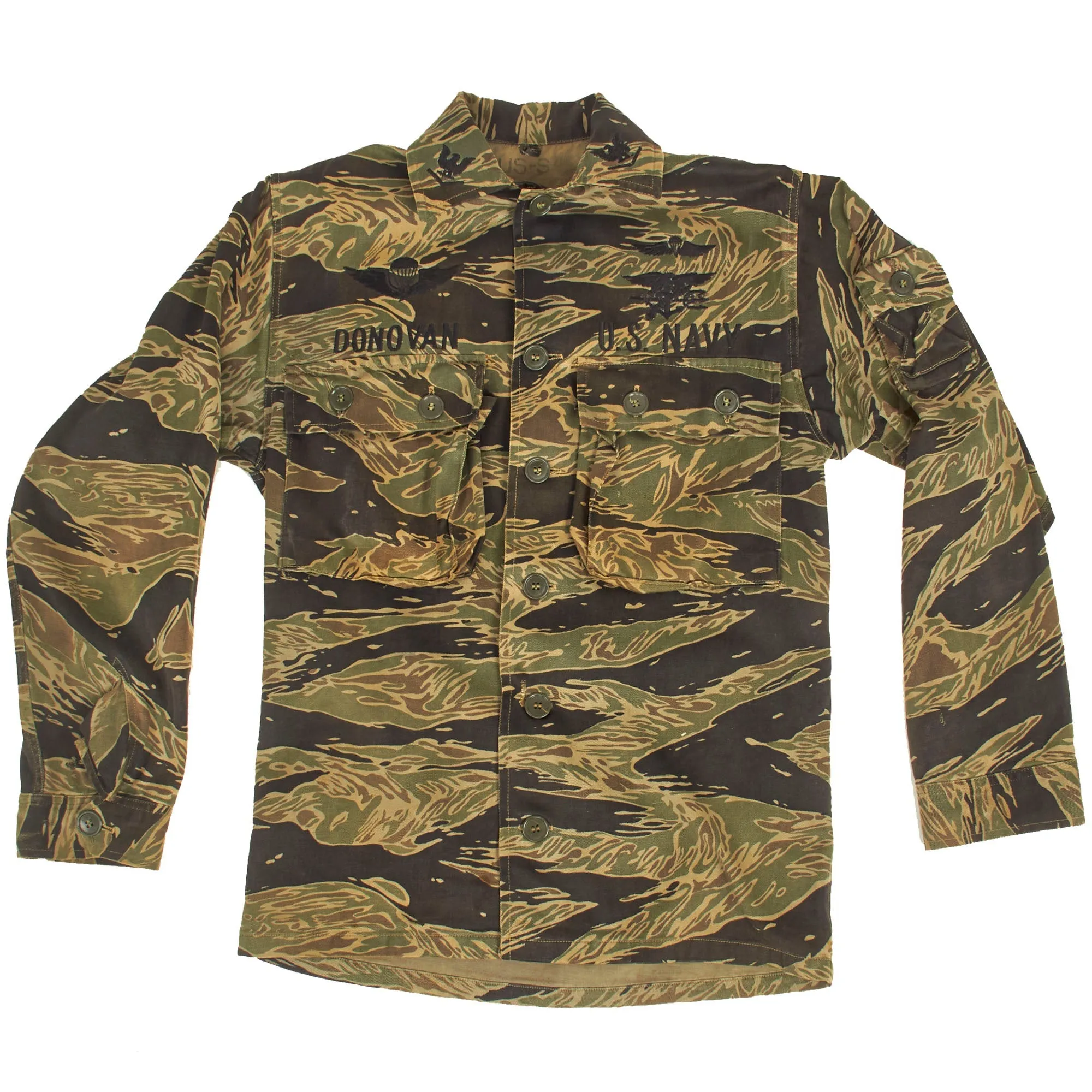 Original U.S. Vietnam War Navy SEAL Tiger Stripe "John Wayne Sparse" Pattern  Camouflage Fatigue Uniform Shirt for Petty Officer John J. Donovan, SEAL Team 2 of Naval Special Warfare Group 2