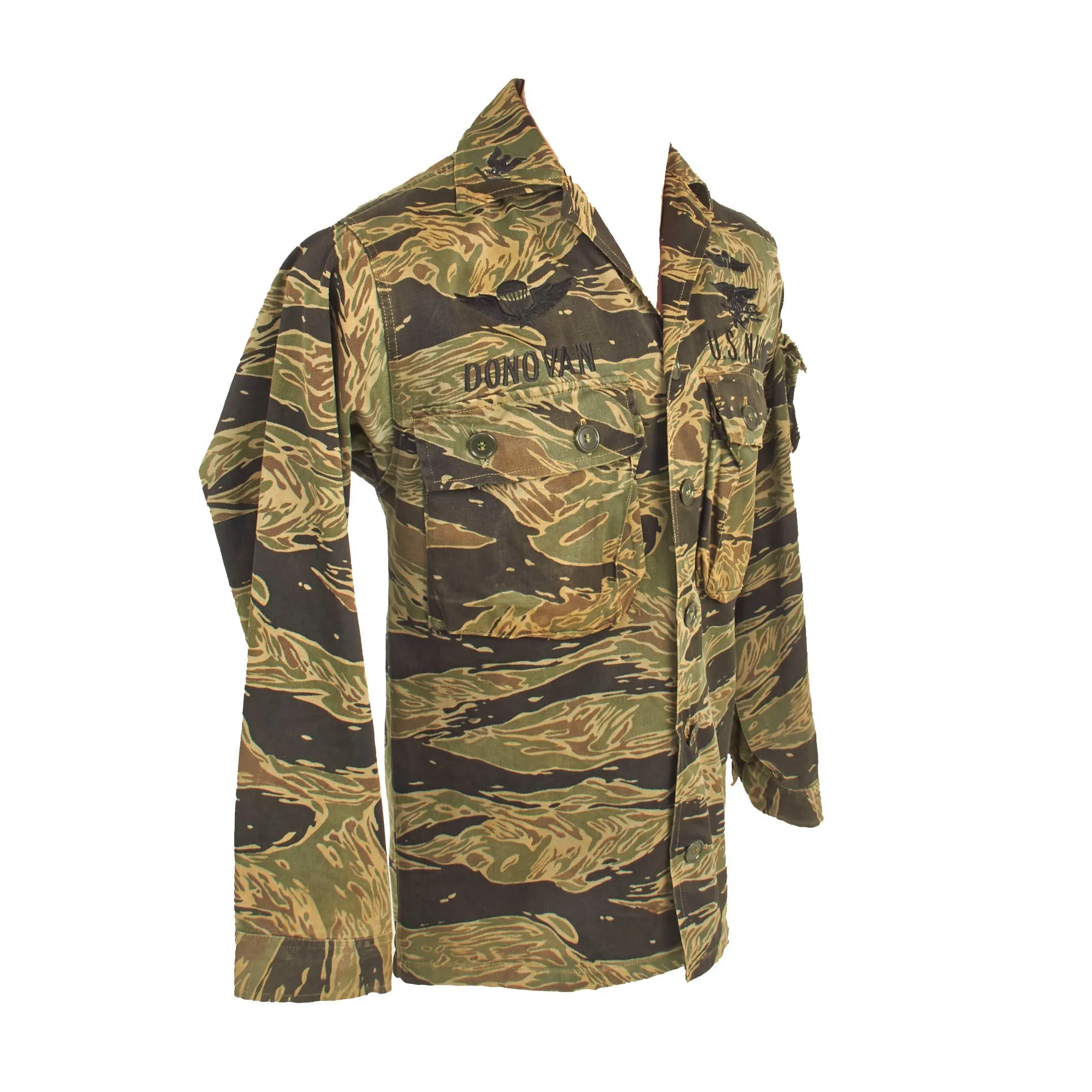 Original U.S. Vietnam War Navy SEAL Tiger Stripe "John Wayne Sparse" Pattern  Camouflage Fatigue Uniform Shirt for Petty Officer John J. Donovan, SEAL Team 2 of Naval Special Warfare Group 2