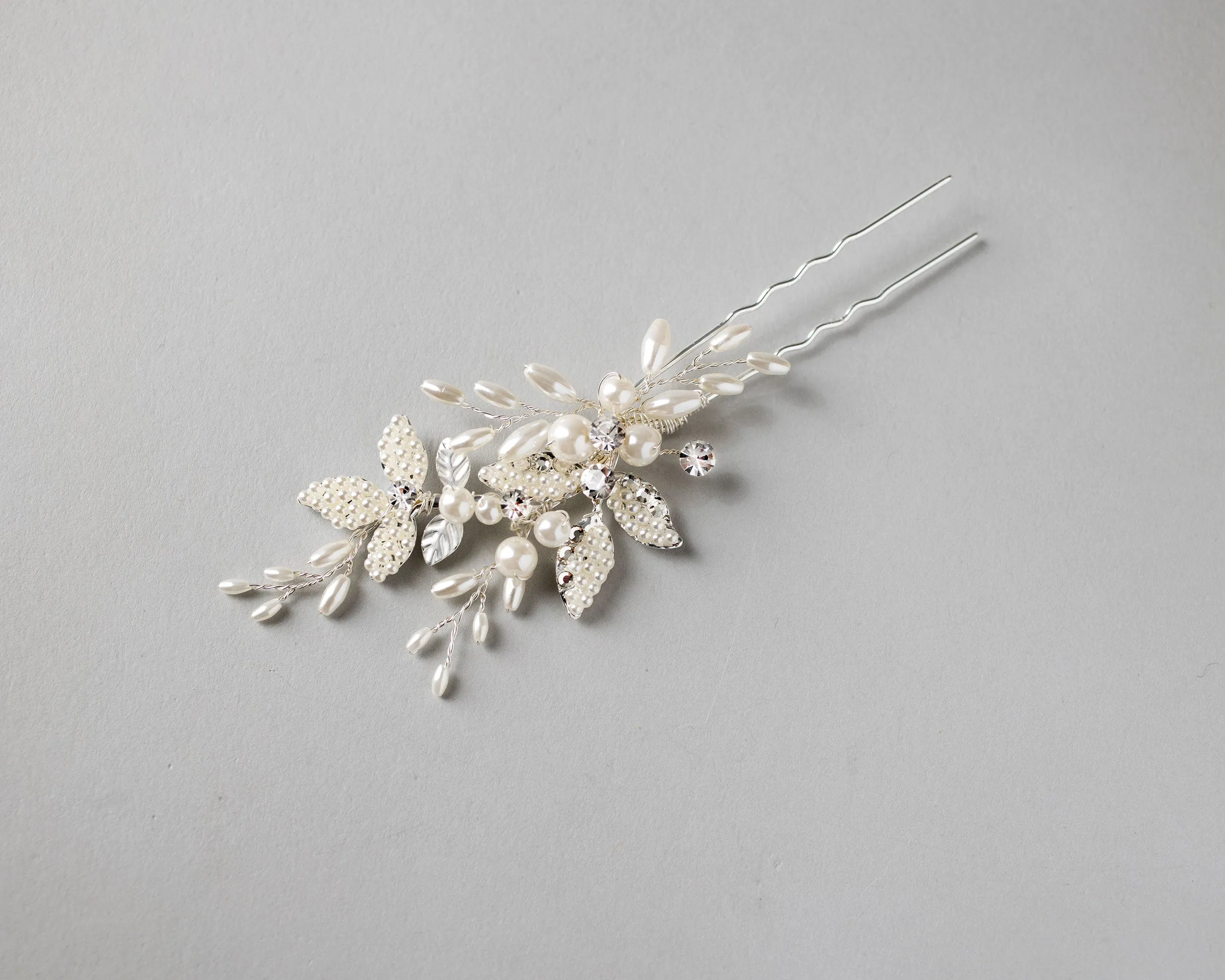 Pearled Leaves and Oat Beads Wedding Hair Pin