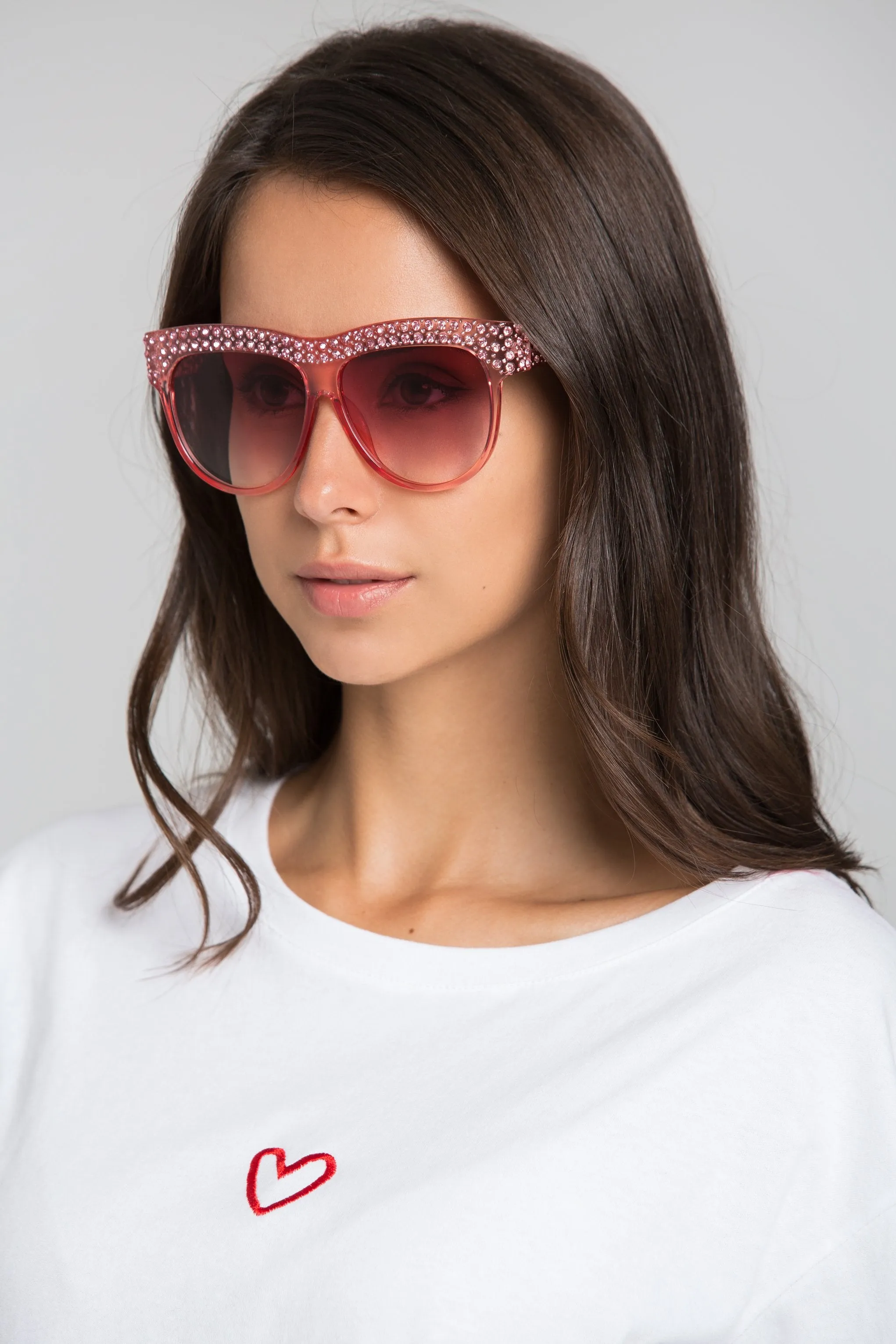 Pink Copper Transparent Embellished Top Rim Sunglasses