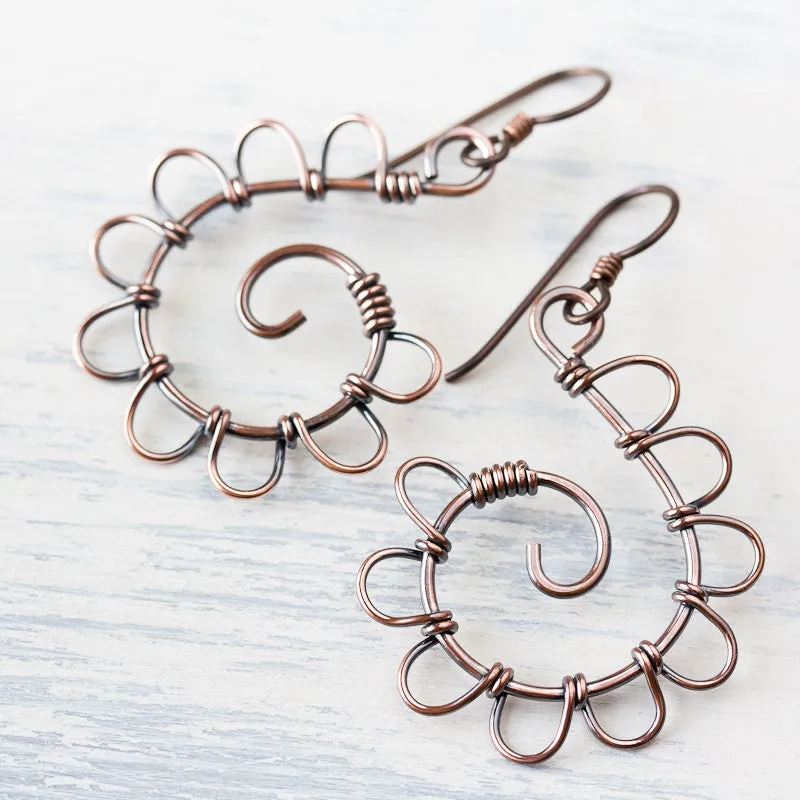 Playful Solid Copper Spiral Earrings, Hypoallergenic