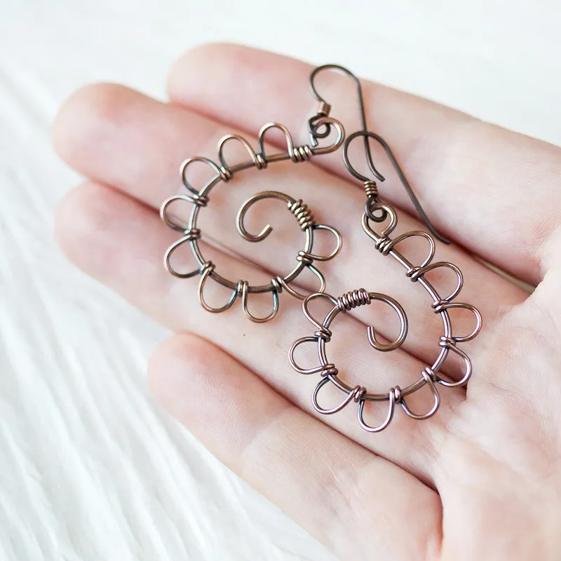 Playful Solid Copper Spiral Earrings, Hypoallergenic